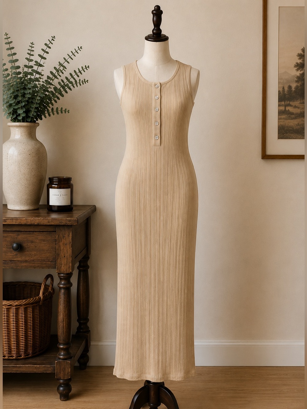 RW&CO Ribbed Beige Midi Dress Sleeveless Button Front Stretch Knit Size M